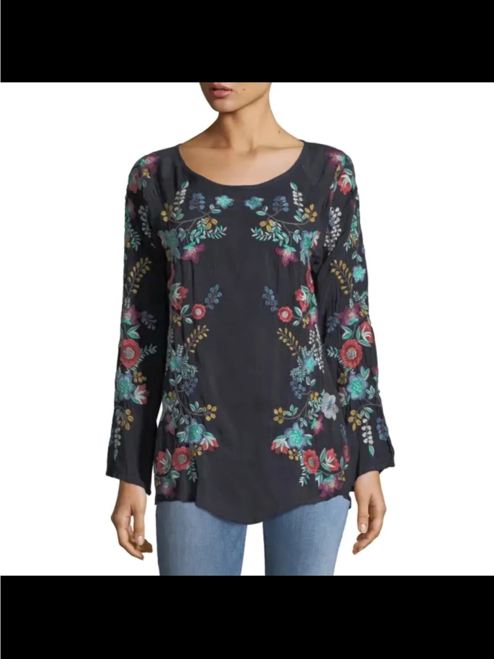Johnny Was Kikimu Georgette Gray Embroidered Blouse Size XS